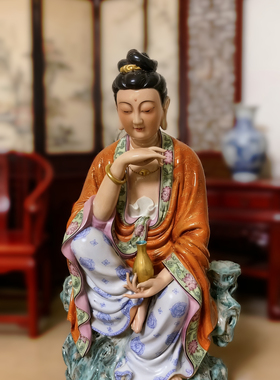 陶瓷净瓶水月自在观音佛像禅意中式客厅玄关摆件观世音菩萨像50cm