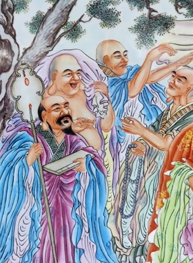 手绘瓷板画实木复古怀旧风景壁画中式客厅装饰画瓷画壁挂版画两米