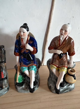 景德镇手工家居雕塑渔樵耕读人物摆件古代生活场景陶瓷器摆件23cm