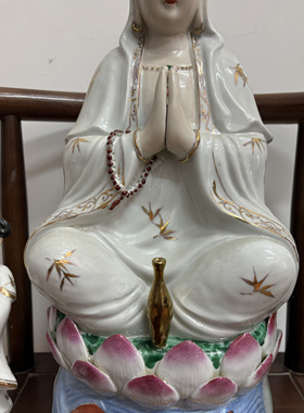 景德镇陶瓷器手绘陶瓷佛像坐莲双手合十观音家用佛堂供奉摆件50cm