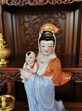 佛像摆件中式家居古典装饰景德镇站鳌送子观音菩萨陶瓷工艺品36cm