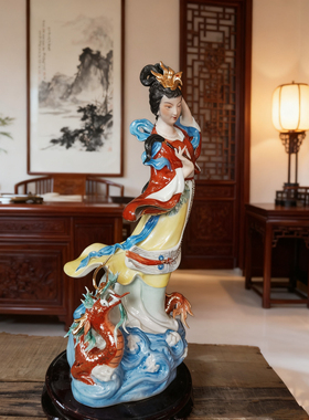 陶瓷佛像九天玄女圣母娘娘神像家用供奉站孔雀台站龙仙女摆件38cm