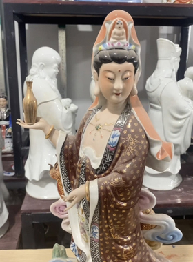 乘龙踏龙观音神像站观世音菩萨镇宅风水家居用平安陶瓷佛像摆件60