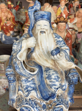 古玩古董收藏景德镇瓷器青花座椅土地公土地婆雕塑摆件福建会馆30