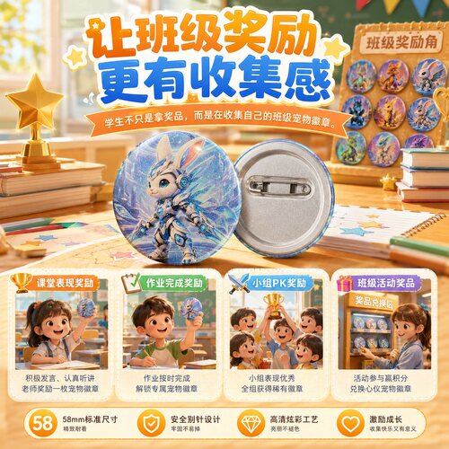 班宠乐园 宠物【吧唧】班级积分奖励徽章 58mm镭射细沙星星膜 - 图0