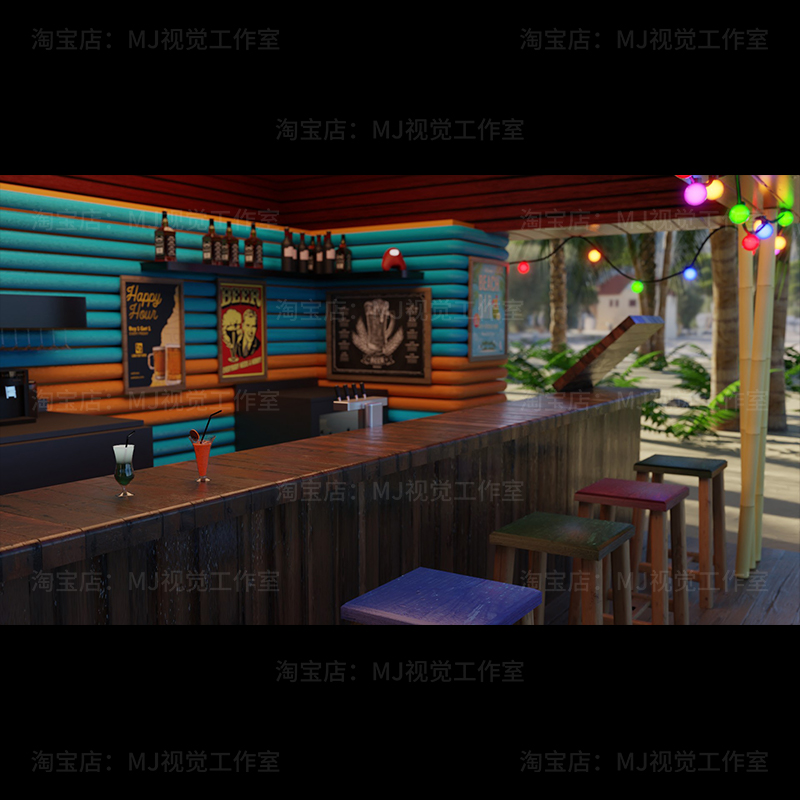 blender场景沙滩酒吧店铺饮料热带海边模型建模素材渲染1030-图3