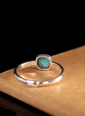 人品银品S925纯银镶嵌方形松石戒指个性复古女款百搭几何开口指环