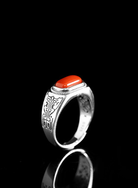 人品银品复古时尚女士马鞍戒s925纯银镶嵌南红玛瑙戒指个性指环