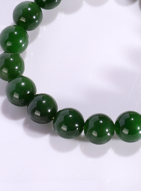 天然俄料碧玉手串单圈10mm 和田碧玉阳绿老坑深绿圆珠手链女WD14