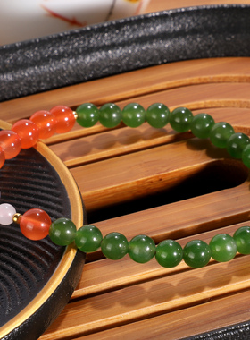 天然和田玉碧玉手串5.3mm 单圈手链原创DIY款菠菜绿圆珠链女QN17