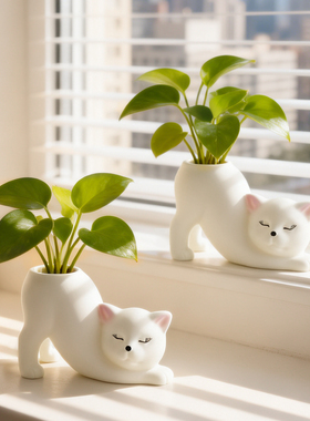 创意伸懒腰猫咪造型花盆绿植摆件