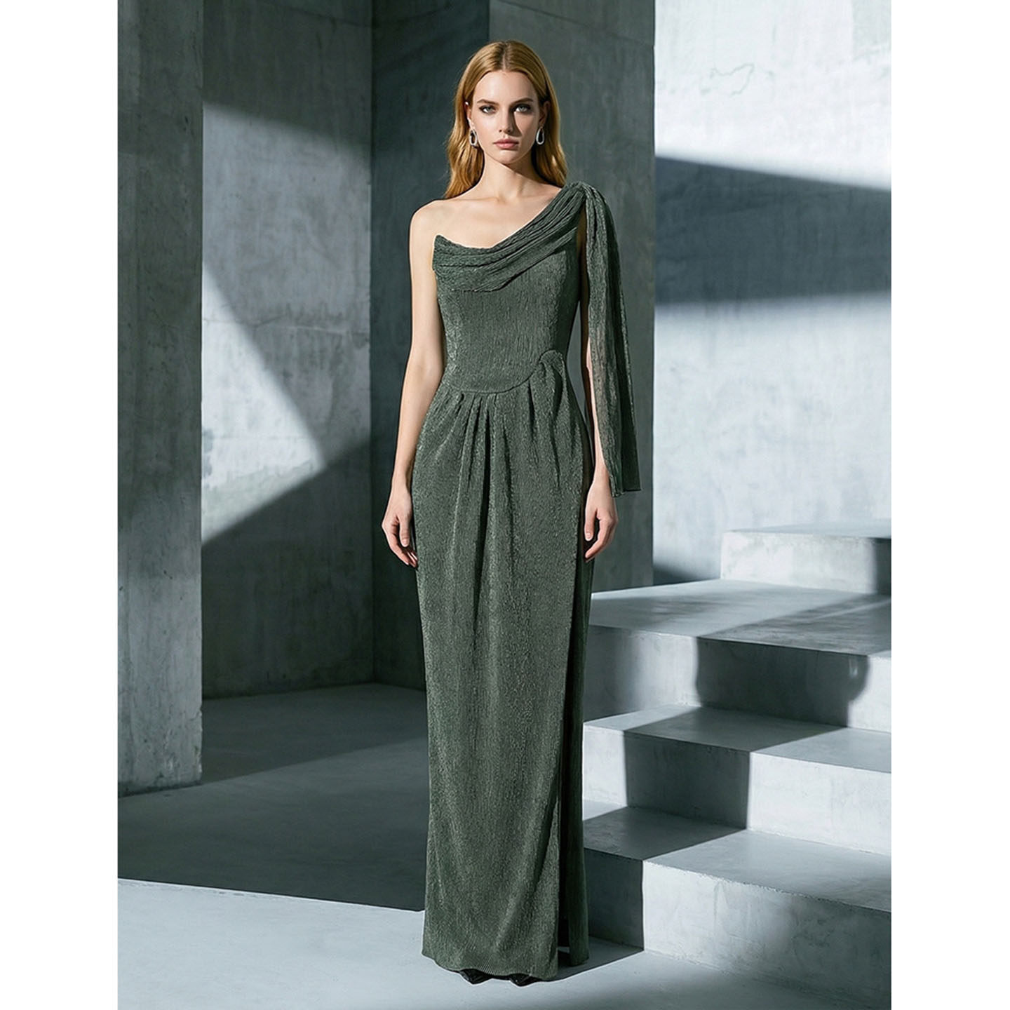 时尚深绿色单肩无袖晚礼服连衣裙女修身长裙宴会小众设计感晚装裙,淘宝优惠券,粉丝福利购,淘宝优惠卷