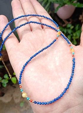 新中式串珠项链法式复古天然青金石蜜蜡锁骨链高级感混彩颈链