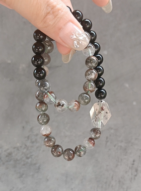 天然水晶8mm绿幽灵黑曜石双圈手链女款时尚百搭送女友闺蜜礼物