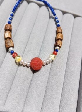 天然3.5mm青金石11.8mm南红兽球珍珠奇楠沉香项链锁骨链