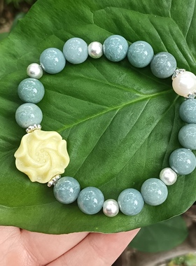 天然10mm蓝水翡翠玫瑰花纯银珍珠手串手链饰品礼物新中式女友