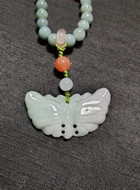 天然7mm蓝水翡翠毛衣链项链多圈手串翡翠蝴蝶吊坠滴溜蜜蜡南红