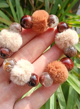 天然绿幽灵红虎眼毛球手链女款单圈手串饰品礼物送女友闺蜜生日