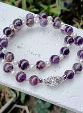 天然水晶紫水晶天然珍珠项链女款时尚百搭饰品送女友闺蜜生日礼物