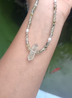 天然4.5mm葡萄石绿水晶柱石珍珠925银项链 小清新多巴胺锁骨链