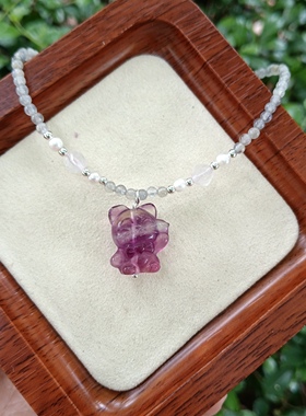 天然灰月光萤石招财猫女款轻奢小众设计感高级锁骨链