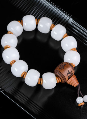 新疆和田白玉金丝玉白玉老型珠 男士款民族风玉石手串直切老型珠