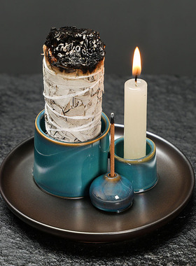 莫兰迪 窑变蓝色烛台是鼠尾草圣木托盘 北欧风格家居氛围摆件装饰