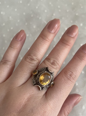 尼泊尔天然黄水晶切面戒指s925银精工镶生日礼物复古活圈戒指