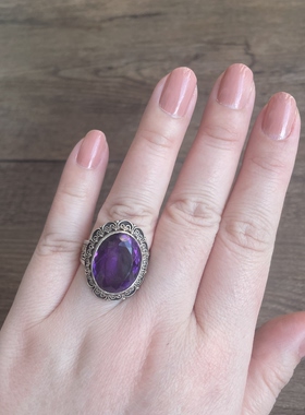 尼泊尔天然紫水晶切面戒指s925银重工镶嵌手工戒指复古精美
