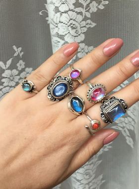 尼泊尔天然拉长石925银戒指新品