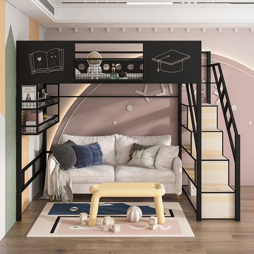 新款铁艺高架床多功能阁楼床简约省空间小户型床下桌铁架床北欧 - 图0