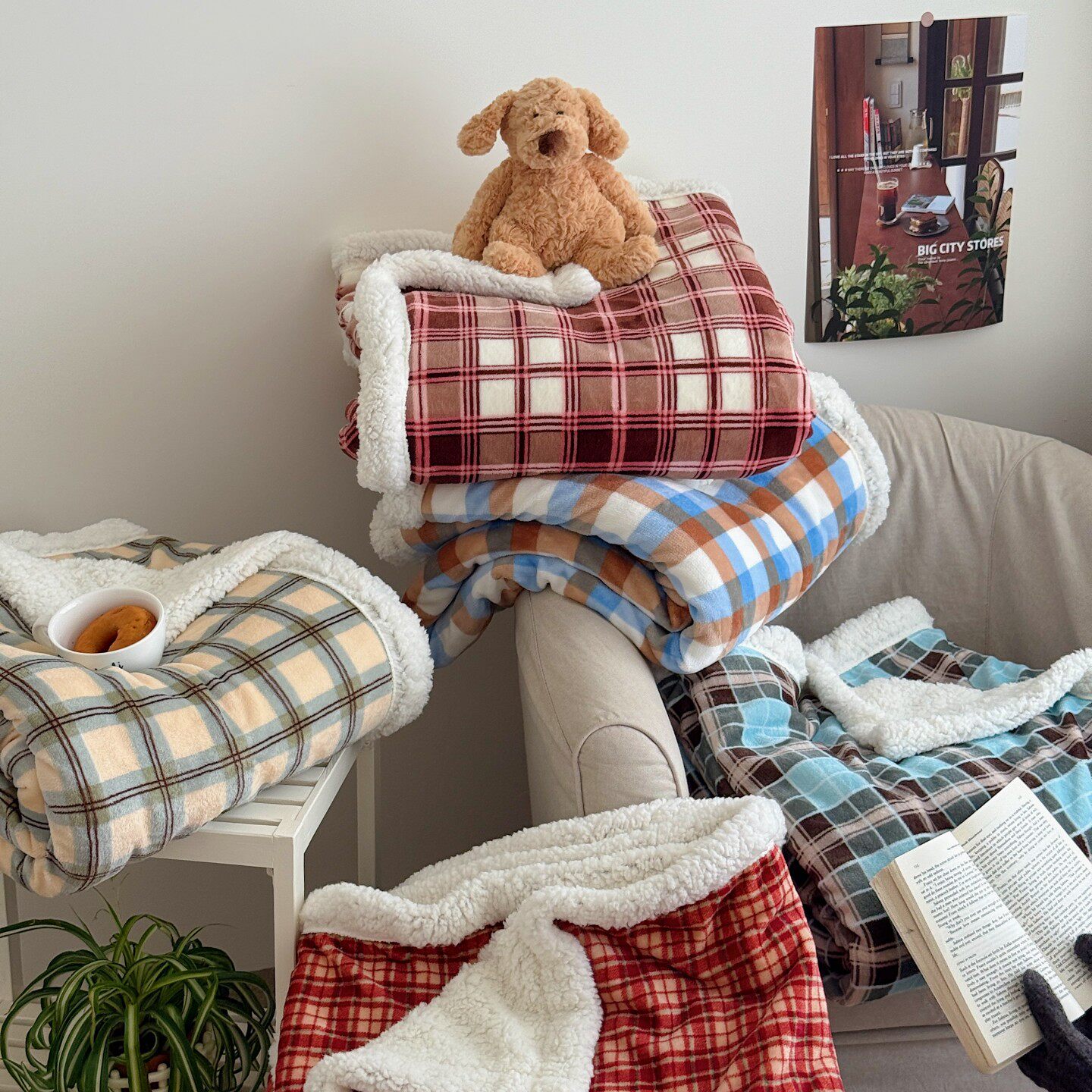 月亮睡了复古风格子秋冬加绒羊羔绒牛奶绒毛毯多功能毯子学生卧室