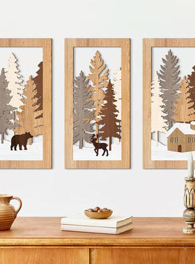 北欧冬季森林镂空木质挂牌松树房子壁挂壁饰客厅木艺立体墙面装饰