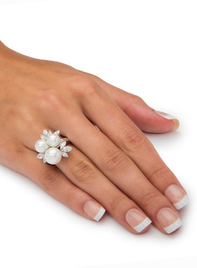 立方氧化锆人造珍珠银镀铂金戒指