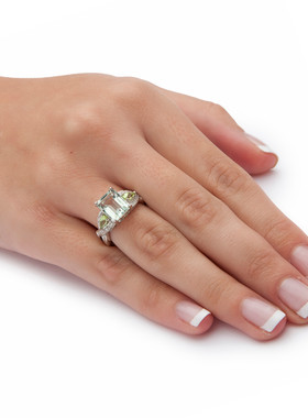 绿色紫水晶/橄榄石925银镀铂金戒