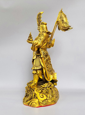 家居铜九龙关公摆件手托聚宝盆背插令旗关二爷立竖刀关羽武财神爷