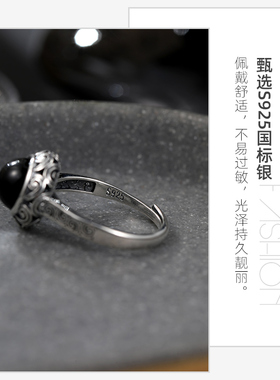 安妮猫祥云蒙古925银黑玛瑙戒指复古圆形黑色炫酷