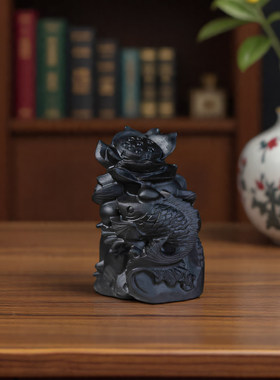 天然黑曜石鲤鱼莲花图摆件锦鲤水晶桌面文昌装饰品玉石家居吉祥物