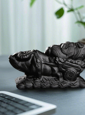 天然黑曜石牛拉白菜摆件元宝聚宝盆家居吉祥物车载黑色水晶办公室