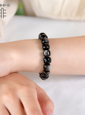 收藏级金曜石老型珠手链10-14mm银曜石黑曜石散珠子水晶手串男女