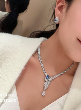 刘亦菲同款奢华重工蓝钻蛇头满镶锆石宴会项链耳环套装高端奢华
