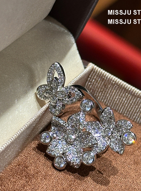 立体花朵蝴蝶镶钻戒指熠熠璀璨花朵戒指叠戴开口潮ins女戒关节戒