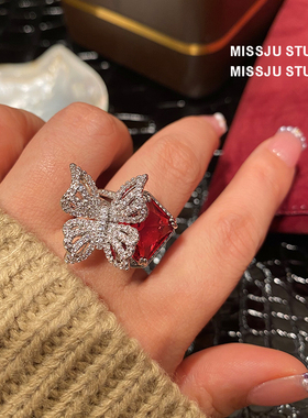 琚小姐红宝石蝴蝶开口戒指女