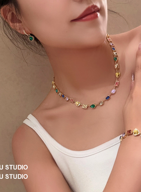 精致奢华镶钻几何型彩色宝石项链手链套装ins风多巴胺项链新糖果