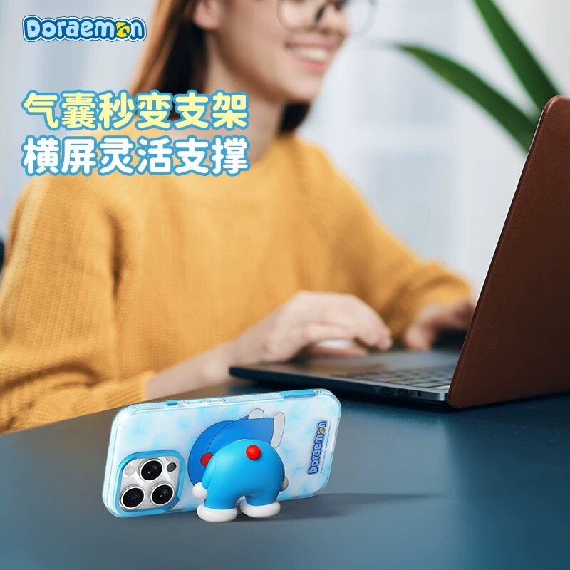 ROCK洛克适用苹果16pro max手机壳叮当猫立体支架iPhone16气囊支撑架蜡笔小新磨砂全包防摔保护套机器猫