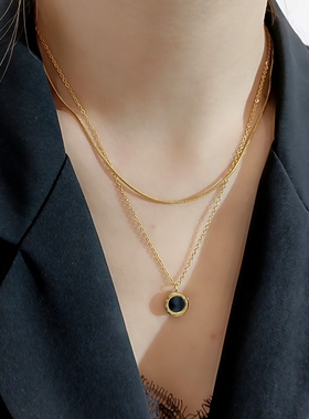 双层不掉色镀金钛钢项链女