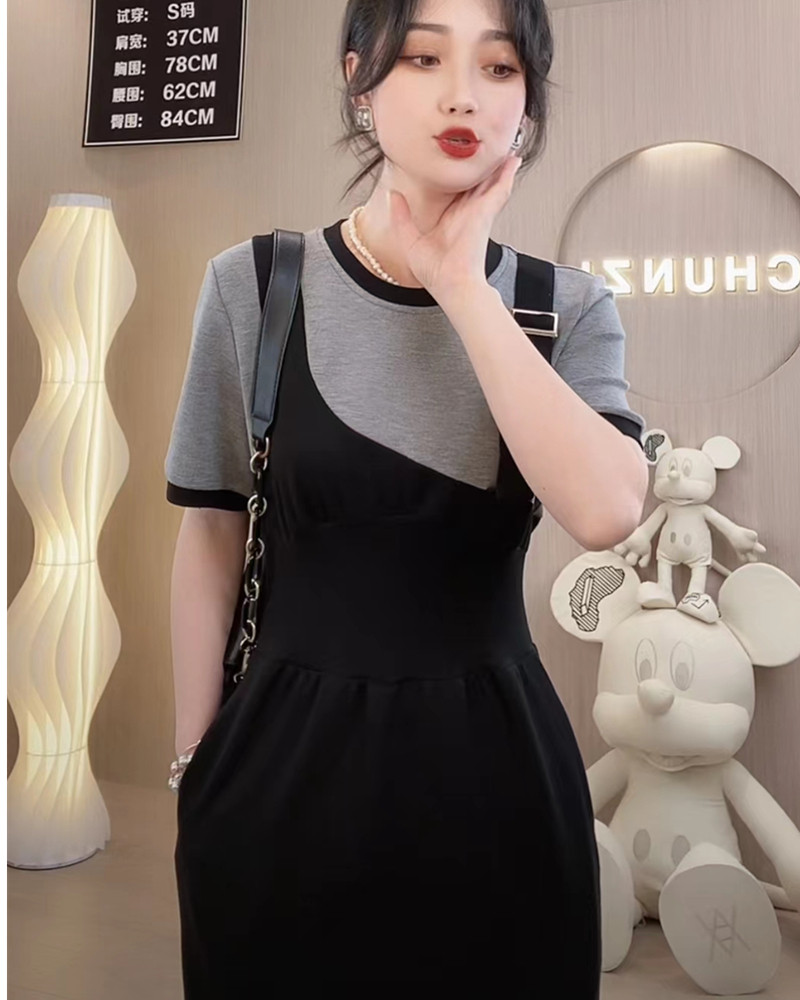 假两件拼接T恤连衣裙女夏季设计款休闲慵懒风收腰显瘦开叉中长裙_虎窝淘