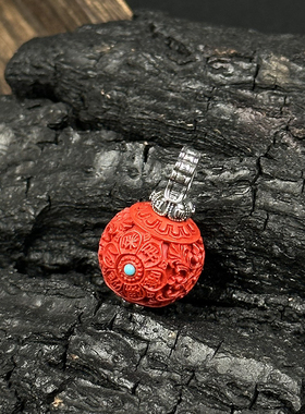 六字真言绿松朱砂纯银吊坠高级感