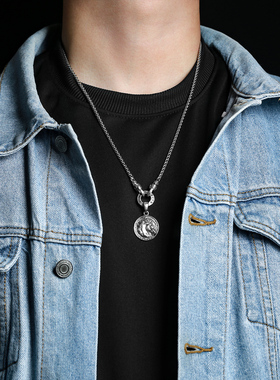 925纯银圆形马头吊坠复古生肖