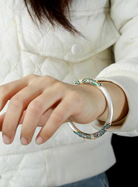 古法珐琅彩卷草纹描金手镯纯银女